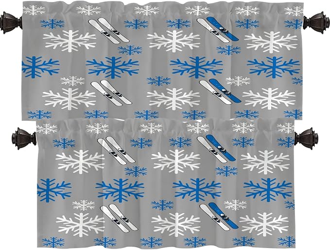 Shrahala Snowflakes Skis Blackout Short Curtains for Windows, Winter Sports Themed Pattern Kitchen Valance Thermal Insulated Rod Pocket Window Treatment for Bathroom 2 Pack 52 X 16 in