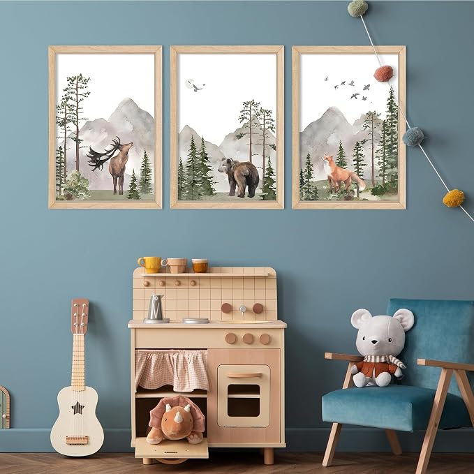 Woodland Nursery Animal Wall Art 11x16 3pc, Deer Bear Fox Boys Room Decor | Rustic Wood Framed Forest Mountain Watercolor Prints Set of 3, Toddler Boys, Kids Bedroom, Playroom & Nursery Nature Decor