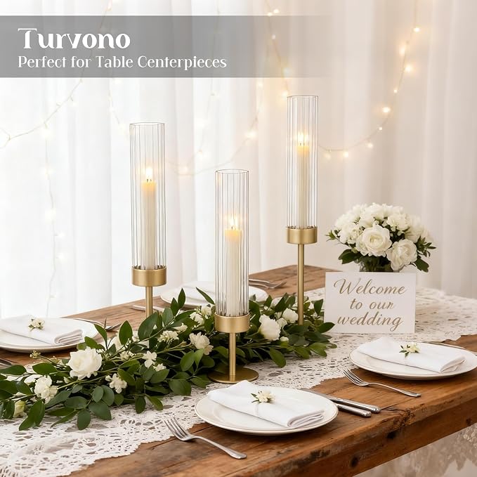 Gold Candle Holders Set of 9, Hurricane Brass Candlestick Holders for Taper Candles, Tall Candle Sticks Holder for Table Decor, Wedding, Party & Home Decorations