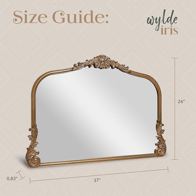 Wylde Iris English Estate Carved Arch Wood Wall Mirror, Mirror for Entryway, Living Room, Bathroom, Antique Gold, 26x37