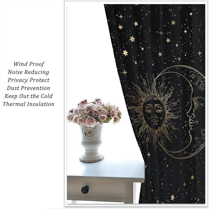 Sun Moon Blackout Windows Curtains, Golden Sun Moon and Stars Black Sky on Bohemian Style Curtains, for Living Room Bedroom 42x63in 2 Panels