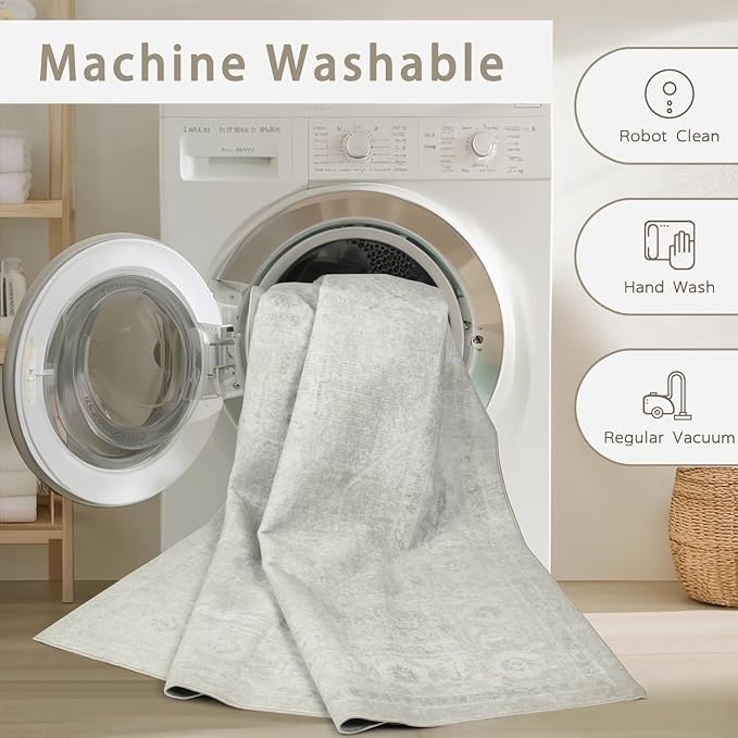Srugn Washable Rugs 6x9 Area Rugs for Living Room,Bedroom,Large Carpets,Ultra Soft Faux Wool Retro Dining Room Rug,Non Slip&Non-Shedding Low Pile Vintage Rugs for Home Office,Concrete Grey
