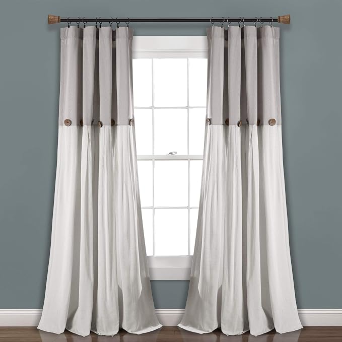 Lush Decor Linen Button Window Curtain Panel, Single, 40" W x 84" L, Gray & White - Country Curtains - Rustic Decor - Color Block Modern Farmhouse Curtains For Living Room, Bedroom & Dining Room