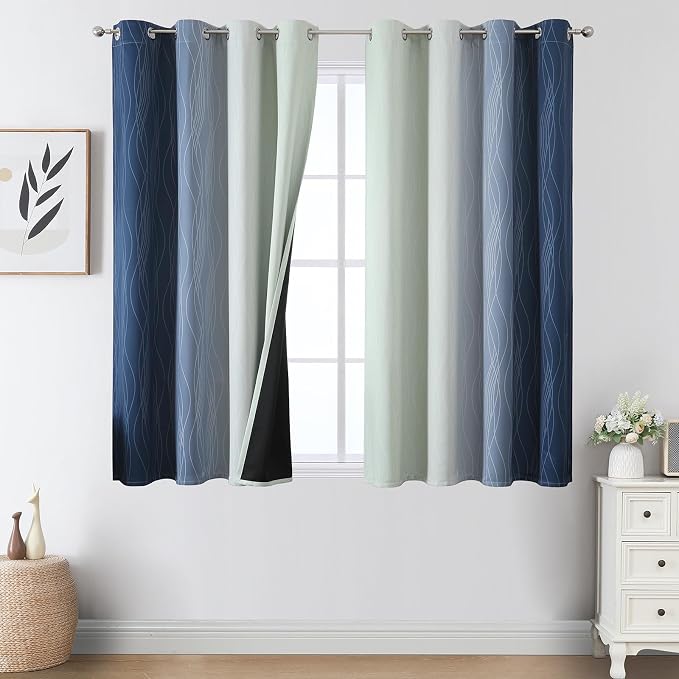 Estelar Textiler Sage Green and Navy Blue Ombre Blackout Curtains 45 Inch Length, Full Room Darkening Gradient Drapes for Bedroom, Thermal Insulated Grommet Curtains for Short Window, 52Wx45L,2 Panels