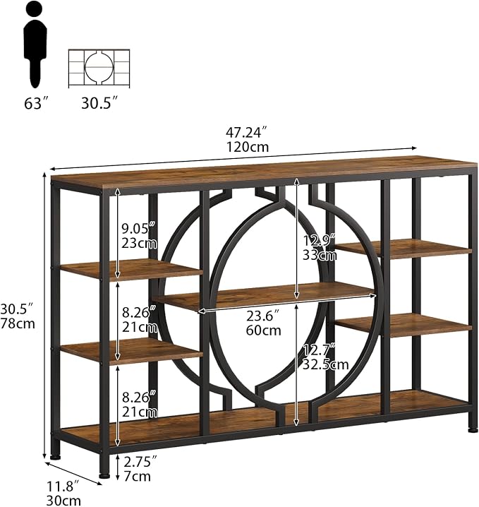 GiftGo 47" Industrial Console Tables for Entryway Rustic Sofa Table Behind Couch 4 Tier Wooden Shelves Entry Table with Storage for Foyer, Hallway, Front Door,Living Room (Rustic Brown, 47")