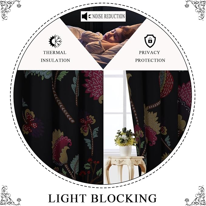 Estelar Textiler Bird and Floral Blackout Curtains for Bedroom,Boho Colorful Flowers Grommet Thermal Insulated Room Darkening Window Curtains for Living Room,52Wx90L Inches, 2 Panels