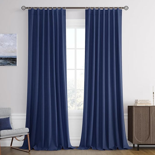 Joywell 100% Blackout Linen Curtains 108 Inch Long for Bedroom High Window Black Out Curtain Hook Belt Room Darkening Drapes Ceiling to Floor Patio 2 Panels Set,52 x 108,Classic Blue