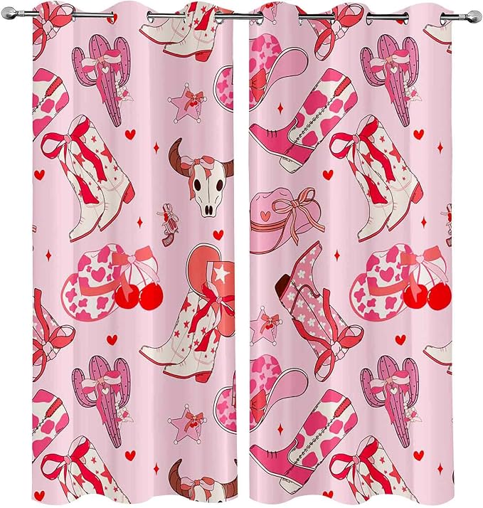 LUVIVIHOME Cowgirl Blackout Curtains, Cherry Boots Preppy Coquette Curtains for Girls Bedroom Living Room, Cute Girly Pink Western Cowgirl Room Decor, Grommet Window Drapes 2 Panel Sets, 52x84 Inch