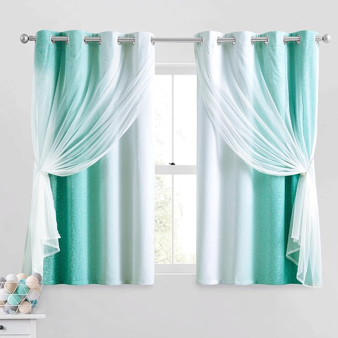 Ombre 100% Blackout Curtains 54 Inches Long 2 Panels for Bedroom Living Room Teal and White Double Layer Sheer Overlay Mix & Match Grommet Thermal Soundproof Drapes with Tiebacks, 52x54