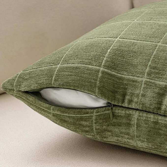 MIULEE Sage Green Plaid Decorative Throw Pillow Covers 18x18 Set of 2 | Vintage Check Chenille Couch Pillows Neutral Boho Farmhouse Cushion Covers Modern Home Decor for Sofa Bed Living Room