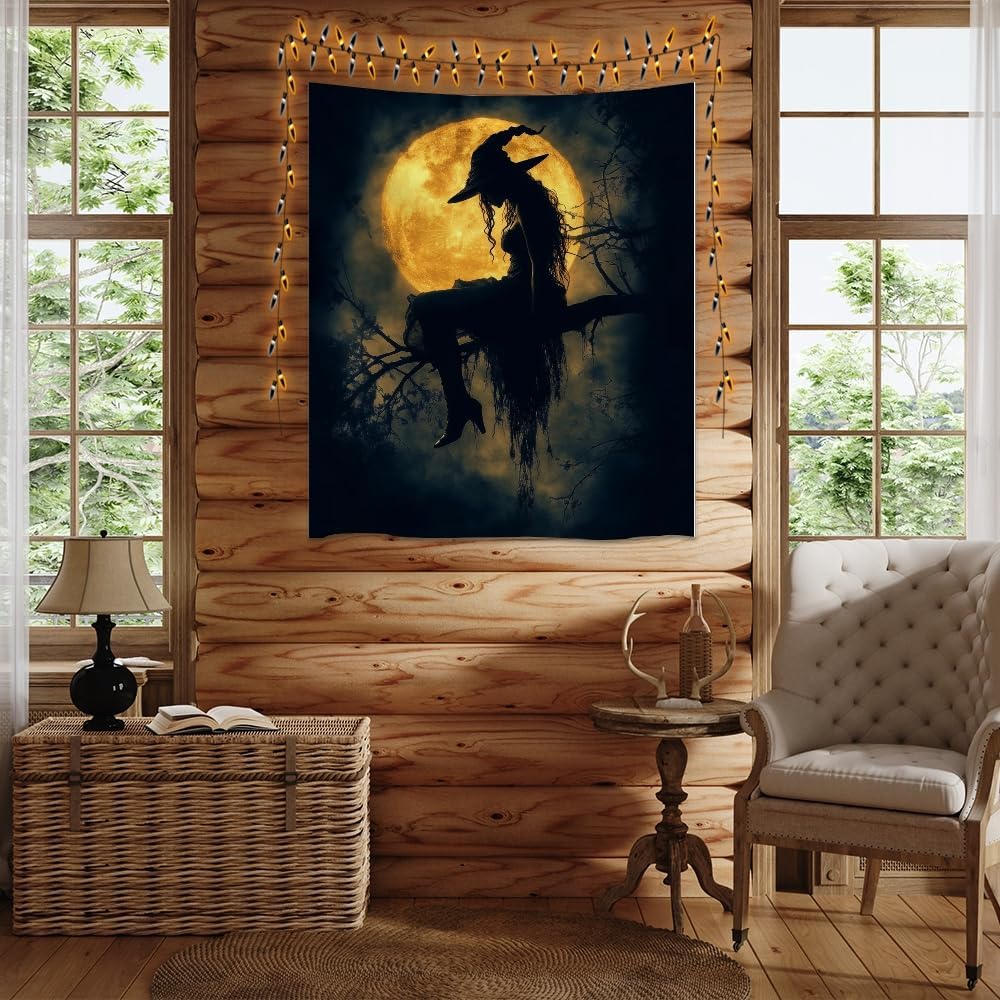 Halloween Witch Tapestry Wall Art Witchcore Moon Aesthetic Print Dark Academia Gothic Tapestries Wall Hanging Horror Ghost Halloween Party Decor for Home Living Room Bedroom 30x40inch