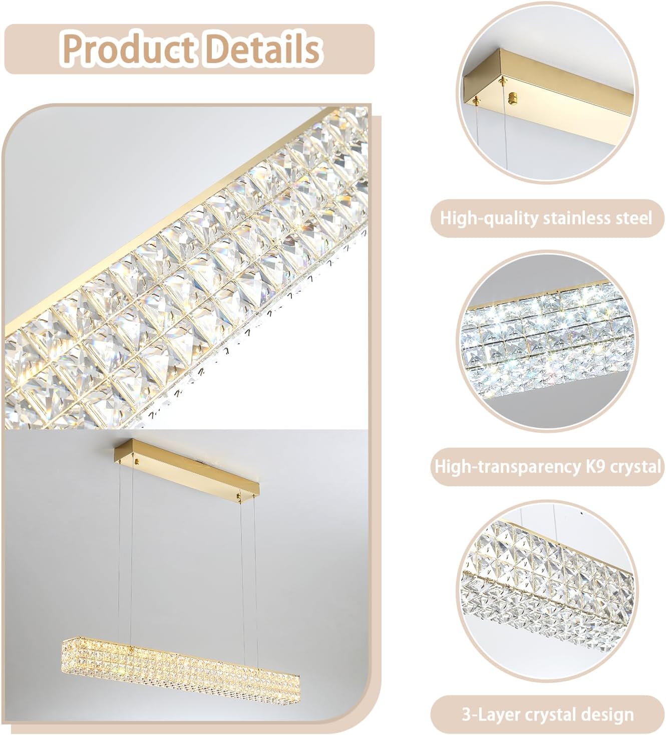 Rectangle Crystal Chandelier Modern Gold Crystal Chandelier Rectangular Pendant Lighting Fixture for Dining Room Kitchen Island Bedroom (L 40")