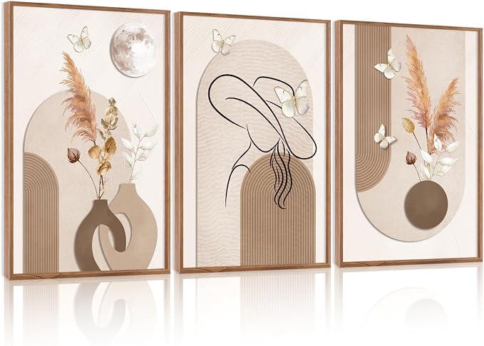 CHDITB Wabi Sabi Dried Floral Framed Canvas Wall Art Set, Neutral Boho Line Woman Wall Decor, Minimalist Abstract Geometric Artwork, Vintage Beige Prints for Living Room, Bedroom, Office 16"x24"x3