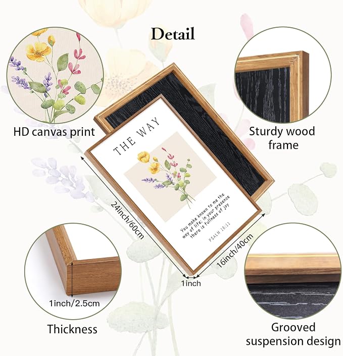 CHDITB Christian Bible Verse Framed Wall Art Set, Floral Scripture Canvas Prints, The Way The Truth The Life Religious Painting, Faith Inspirational Decor for Living Room, Bedroom, Church 16"x24"X3