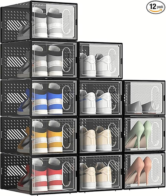 12 Packs Clear Plastic Shoebox With Magnetic Door, X-Large(14"× 10" × 7") Stackable Shoe Box Storage With Lids, Multifunctional Sneaker Containers, Toy Storage, Space-Saving Shoe Rack Black