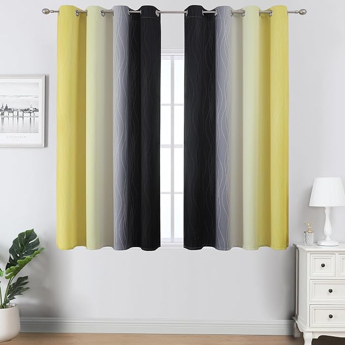 Estelar Textiler Black and Yellow Blackout Curtains 54 Inches Long, Full Light Blocking Gradient Grommet Drapes for Window, Thermal Insulated Ombre Curtains for Bedroom, 52Wx54L, 2 Panels