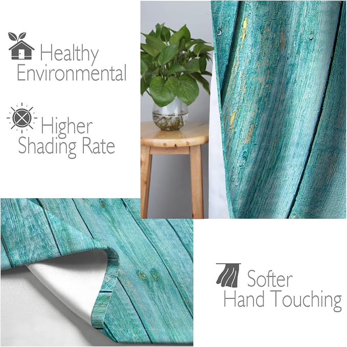 Jekeno Wooden Blackout Curtains Blue Gradient Wood Board of Farmhouse Village Rural Lodge Nature Retro Decor for Home Bedroom Living Room Grommet Window Drapes 2 Panel Set, 52"x63"