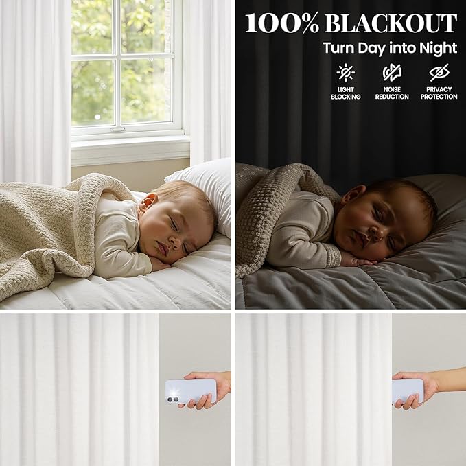 Topfinel 100% Blackout Linen Curtains 90 Inch Long 2 Panels Set, Full Light Blocking Natural Drapes with Back Tabs for Track System, Thermal Insulated Sliding Door Panels Natural 52" W*90" L