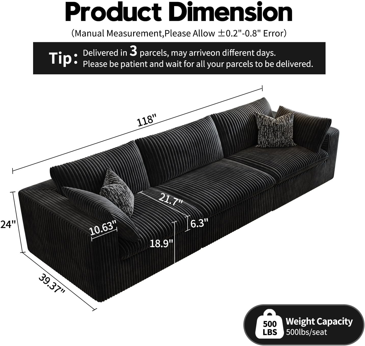 118" Cloud Couch Modular Sectional Sofa for Living Room,Modern Sofa with Deep Seat，3 Seater Boneless Couch,Comfy Upholstered Corduroy Couches for Apartment, Studio, Office,Bedroom，Black