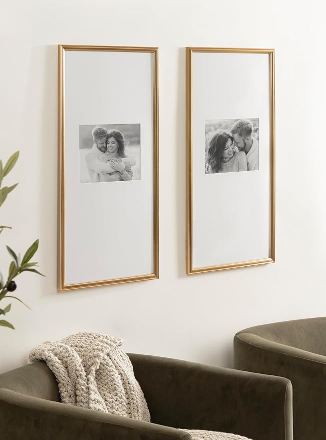 Kate and Laurel Adlynn Rectangular Panel Picture Frame Set of 2, 14 x 30 matted to 8 x 10, Gold, Modern Two-Piece Photo Frame Set for Gallery Wall Decor in Living Room Wall Display