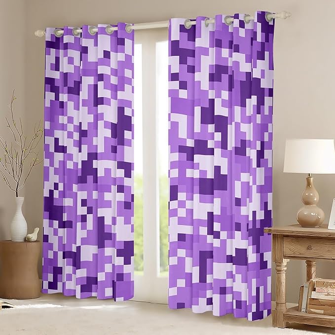 Castle Fairy Purple Checked Window Curtain,Kids Gaming Bedroom Decor Curtains,Geometric Grid Camouflage Window Treatment Boys Teens,Modern Video Games Blackout Drapes 2 Panels,38Wx45L