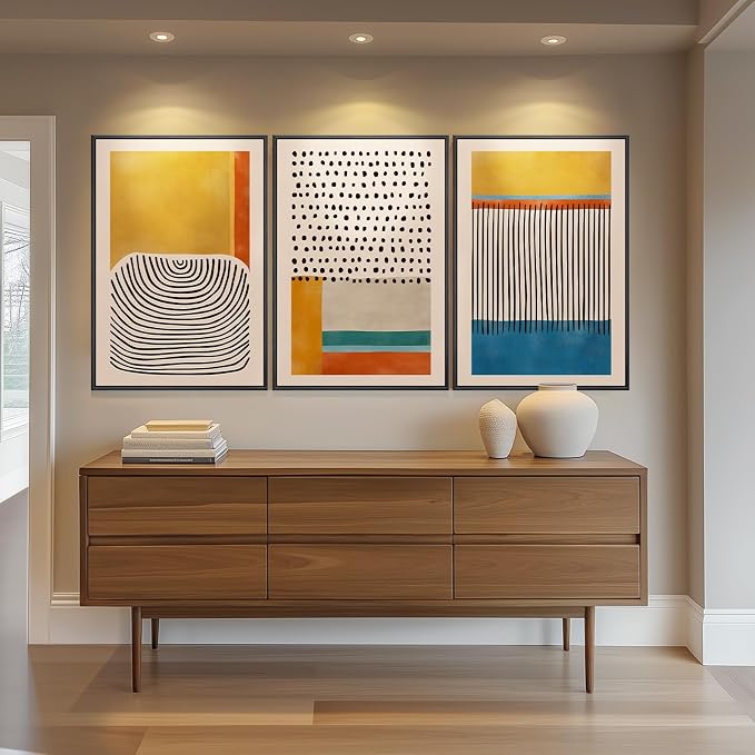 Large Framed Colorful Abstract Wall Art for Living Room, 3 Piece Mid Century Modern Canvas Paintings Prints Artwork for Walls, Yellow Pictures Wall Decor for Bedroom Home Office Hallway, 20x30 Inch