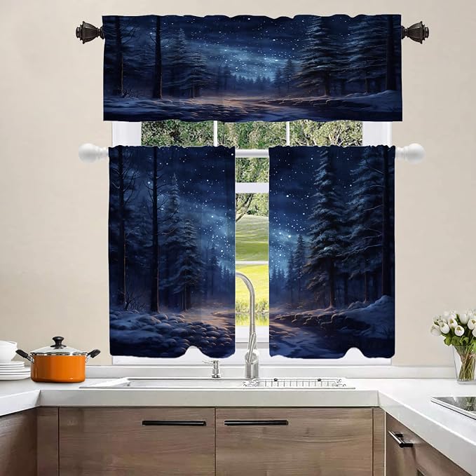 Shrahala Winter New Year Blackout Curtain Tiers, Stars Forests Snow Night Kitchen Valance Light Blocking Tier Drapes with Rod Pocket, 2 Pack 26 X 36 in