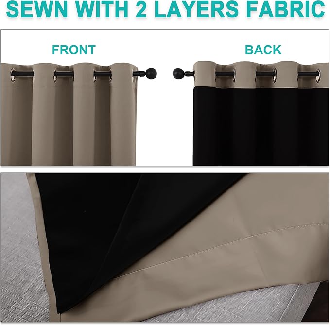 NICETOWN 100% Blackout Blinds, Set of 2, 46 inches x 45 inches, Laundry Room Decor Window Treatment Curtains for Large Patio Sliding Door, Thermal Insulated Taupe Curtains for Bedroom