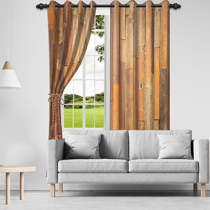 Wooden Curtains Vertical Planks Wooden Window Curtains Rustic Wooden Barn Door Grain Cottage Hardwood Garage Door Bedroom Living Room Window Drapes Decor with Grommets,26x84 inch,2 Panels