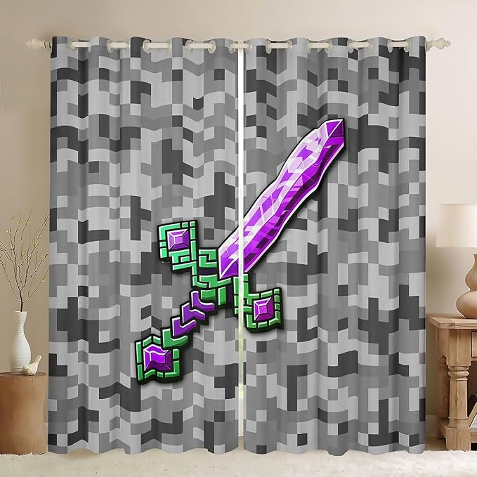 Castle Fairy Green Purple Sword Window Curtain,Miner Check Privacy Blackout Curtain for Window Video Games Shade Windows Covering for Bedroom Cool Pixel Drapes 2 Panels,42Wx90L