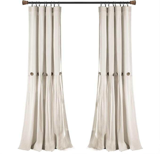 Lush Decor Linen Button Window Curtain Panel, Single, 40" W x 108" L, Off White - Country Curtains - Rustic Decor - Color Block Modern Farmhouse Curtains For Living Room, Bedroom & Dining Room