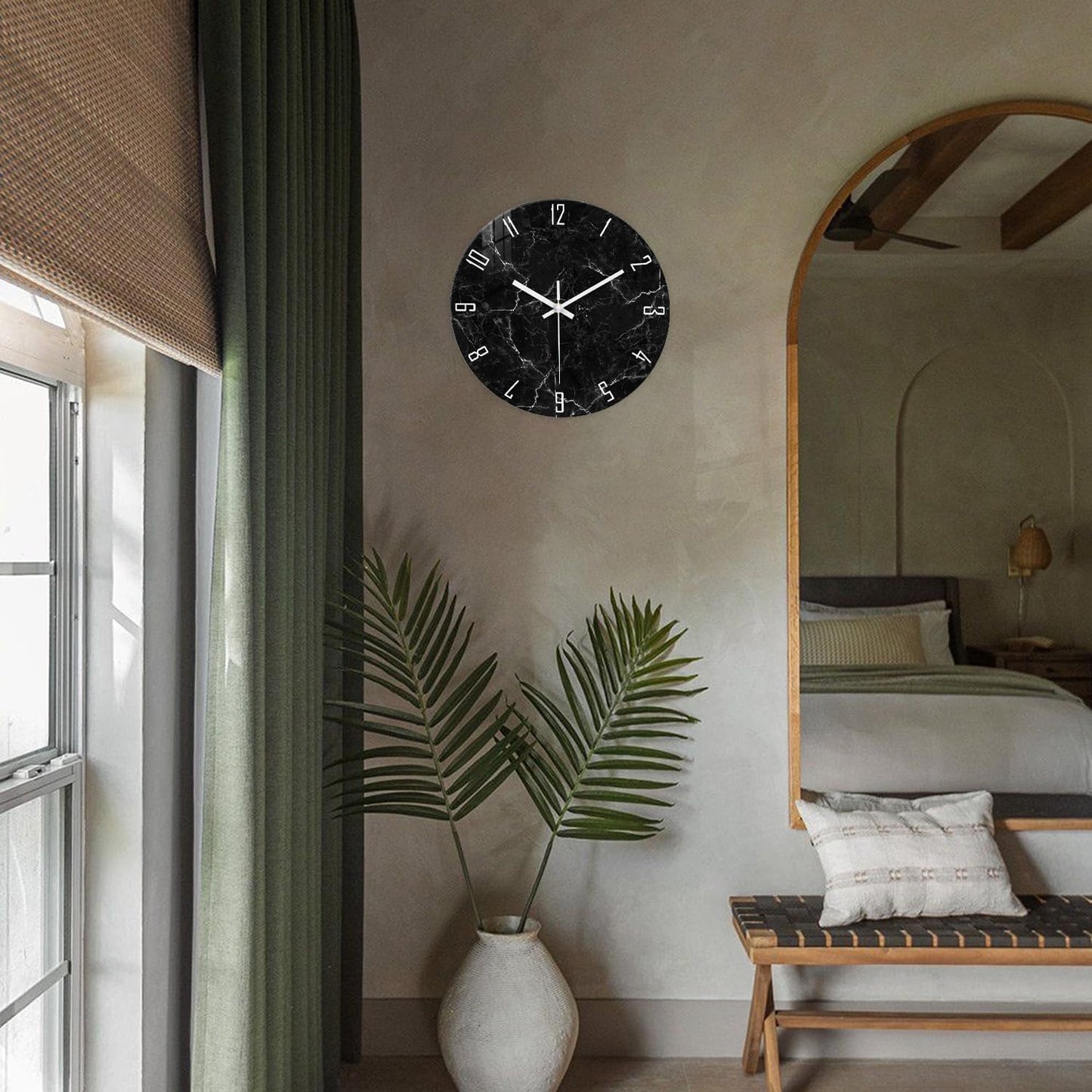 Black Wall Clock for Bedroom Glass Modren Wall Clock Battery Operated 14 Inch Analog Wall Clock Non Ticking