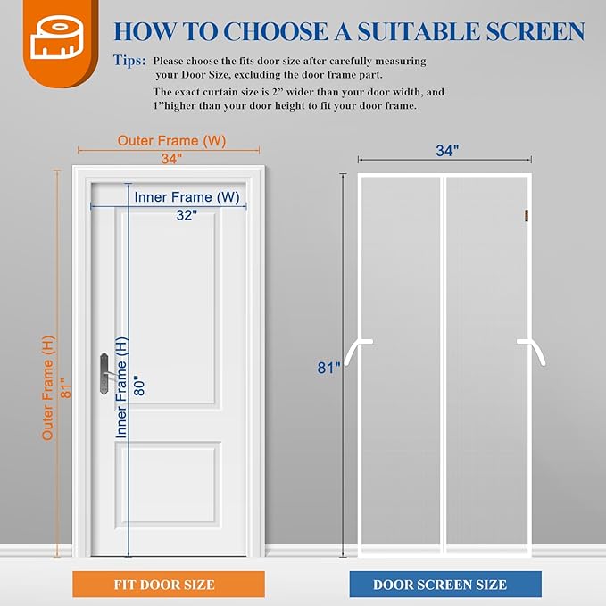 Magnetic Screen Door White, Fits 32'' x 80'' Door, Tear-Resistant High-Density Fiber Mesh, Keep Annoying Creatures Out, Pet Friendly, with Unique Keep Open Straps if Don't Need Close, Enjoy Fresh Air