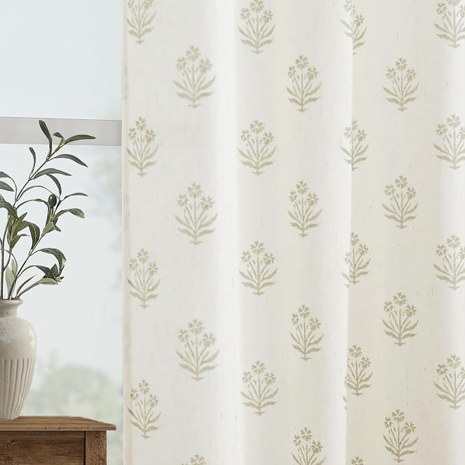 Tan Beige Floral Farmhouse Curtains, 63 Inch Length Beachy Coastal Linen Sheer Drapes for Living Room Bedroom 2 Panel Set