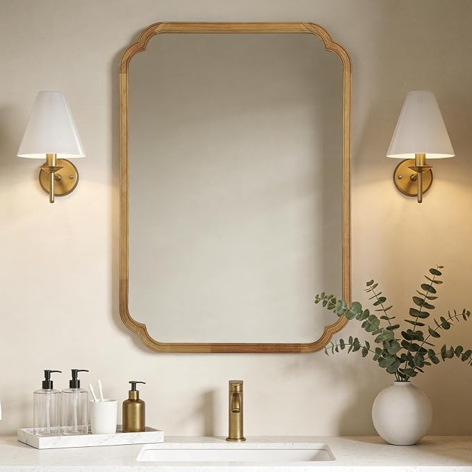 WallBeyond 28" x 40" Rounded Corner Arch Wall Mirror with Wood Frame for Entryway, Living Room or Bedroom Home Decor - Light Woodgrain [28 x 40 inches, Natural Color]