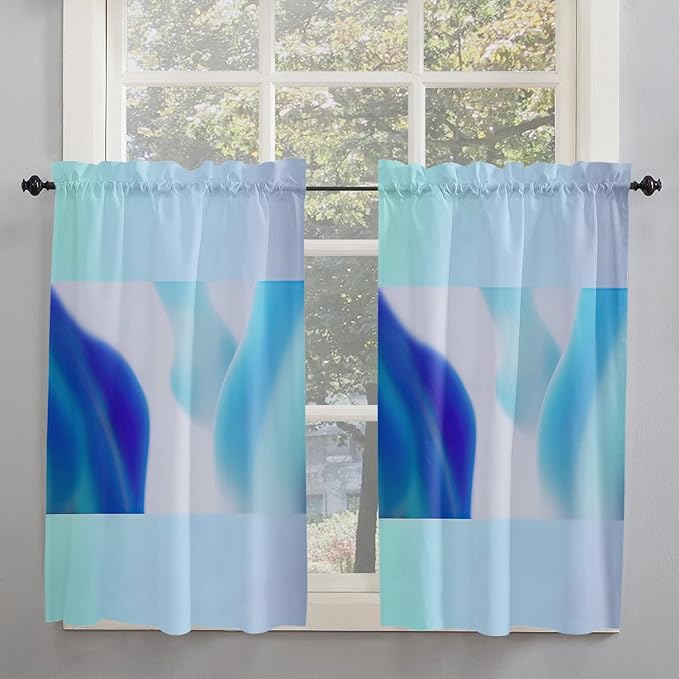 Kitchen Tier Curtains 45 inches Length, Blue White Ombre Teal Turquoise Gradient Window Curtains for Living Room Bath Cafe,Rod Pocket Light Filtering Drapes Short Half Window Treatment Tiers 2 Panels
