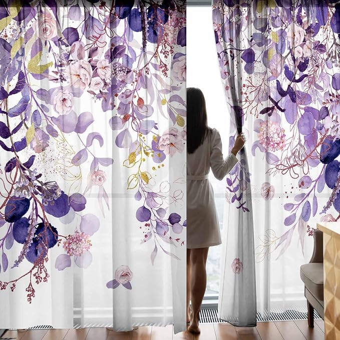 Purple Floral Sheer Curtains 84 Inch Length 2 Panels, Eucalyptus Leaves Botanical Light Filtering Privacy Semi-Sheer Vintage Curtains for Bedroom Living Room, Watercolor Flower Pink Plant Curtain