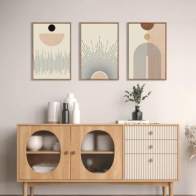 LHIUEM Large Abstract Boho Line Framed Canvas Wall Art Set,Modern Geometric Sun Wall Decor,Mid-Century Neutral Artwork for Living Room,Bedroom,Dining Room,Office -16"x24"x3