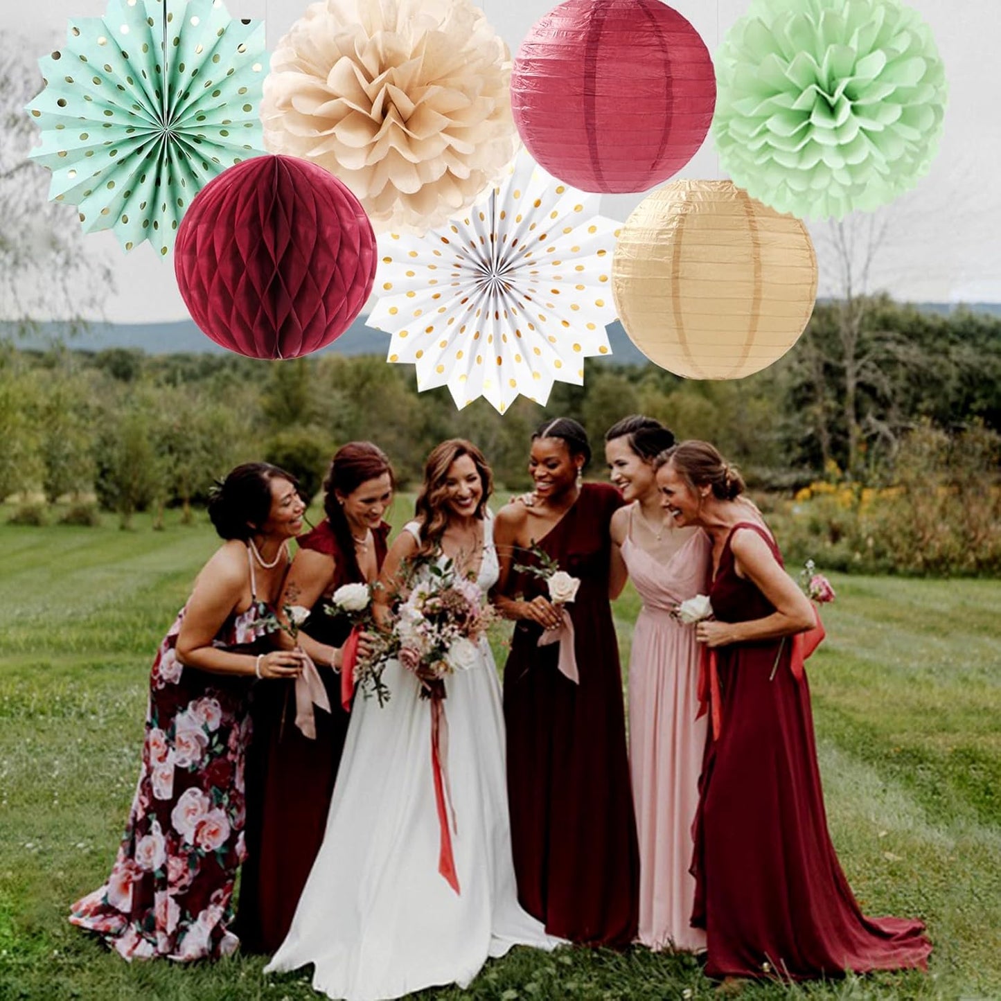 Sage-Olive Green Burgundy Champagne-Gold Party-Decorations - 14pcs Birthday Boho Paper Lanterns Fan Streamers,Tissue Pom Poms, Christmas Baby Bridal Shower Wedding Engagement Decor Lasting Surprise