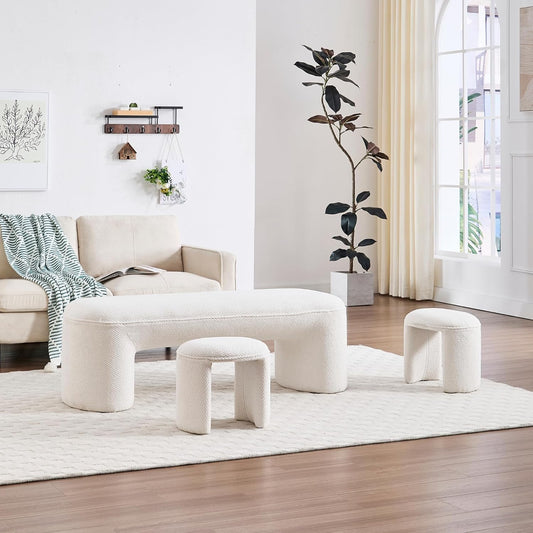 3-Piece 53" Comfy Upholstered Dining Bench with 2 Ottomans, Accent Waterfall Bench Modern End of Bed Entryway Bench Vanity Stool, White Chenille