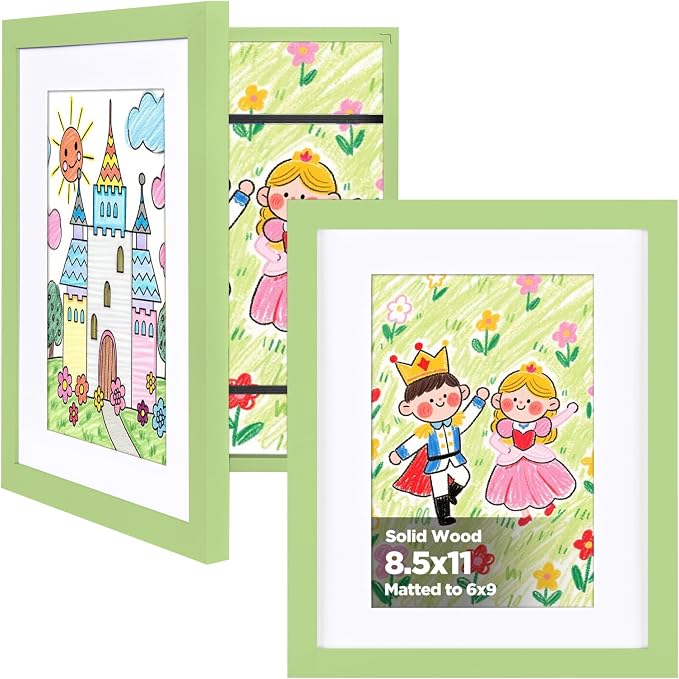 KINLINK 8.5x11 Kids Art Frame 2 Pack, Solid Wood Artwork Frames Changeable, Front Opening Hold 150 Pictures, Art Frames for Kids Artwork, 6x9 with Mat 8.5x11 without Mat, Picture Frames Light Green