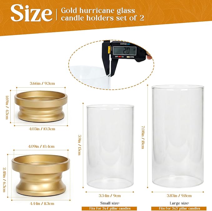 Gold Hurricane Candle Holders Set of 2 with Glass - Modern Pillar Candle Stands for Fireplace Mantel, Dining Table Centerpiece & Home Decor, 7.1" & 9" High