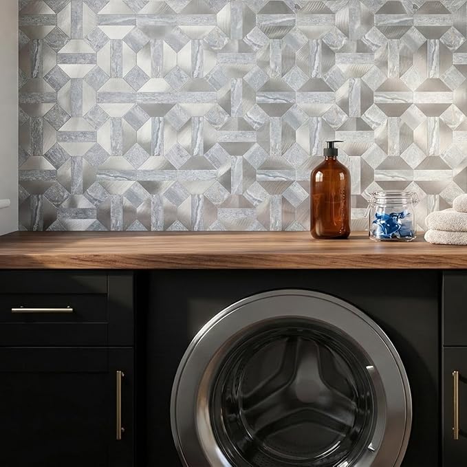 10-Sheets Peel and Stick Backsplash Tiles, PVC Marble Mixed Metal Look,Heat Resistant Stick on Tiles for Kitchen Wall,Bathroom,Laundry Room (Blue Marble & Silver)