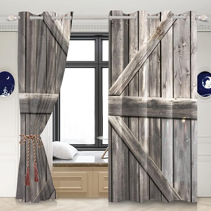 Rustic Barn Door Window Curtains Farmhouse Grey Wooden Door Garage Door Blackout Window Treatment for Living Room Bedroom Rural Farm Style Room Darkening Window Drapes,42x63 inch,2 Panels