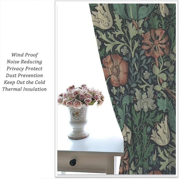 William Morris Flower Blackout Window Curtains, Bohemia Floral Vintage Window Drapes, for Living Room Bedroom 42(W)*84(L) 2 Panels