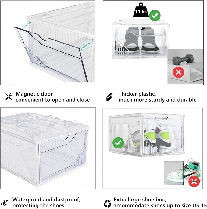 AWTATOS Shoe Storage Boxes, Thickened Shoe Storage Organizer with Clear Magnetic Door, Stackable Shoe Container with Lids, Collapsible Large Shoe Rack, Fit up to US Size 15, 6 Pack