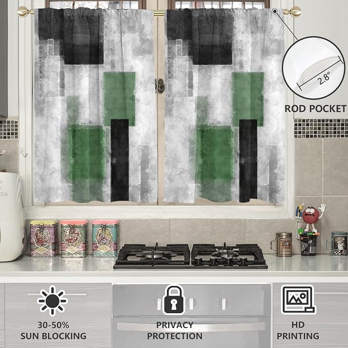 AAtter Green Window Curtains for Kitchen Black Gray Grey Olive Modern Funky Small Short Home Living Room Bedroom Bathroom Rod Pocket Drapes Treatment Tiers Fabric 1 Pair, 27.5" W x 45" L, Geometric