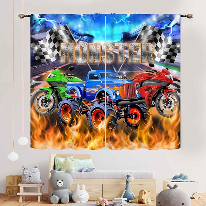 Racing Car Curtains, Cool Monster Cartoon Truck Buring Flame Colorful Race Stadium Blackout Window Drapery Treatments for Boys Kids Baby Bedroom Living Room Playroom Nursery 2 Panel Set, 63"x72" Inch