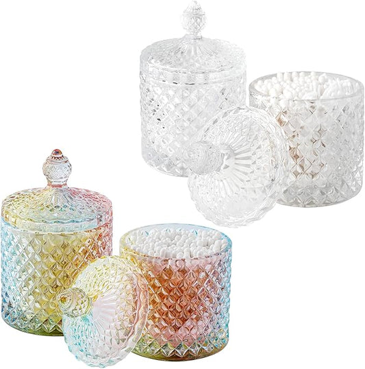 2 Pack Qtip Holder Thick Glass Apothecary Jars with Lid for Bathroom Decor, Cotton Ball Storage Organizer for Cotton Swab, Cotton Rounds, Candy, Clear and Pink