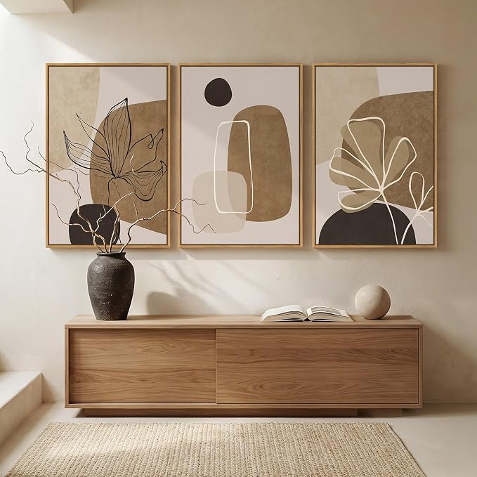 Framed Neutral Boho Abstract Wall Art for Living Room, 3 Piece Large Brown Mid Century Modern Canvas Artwork for Walls, Botanical Black Earthy Paintings Prints Hallway Wall Decor, 24x36 Inch